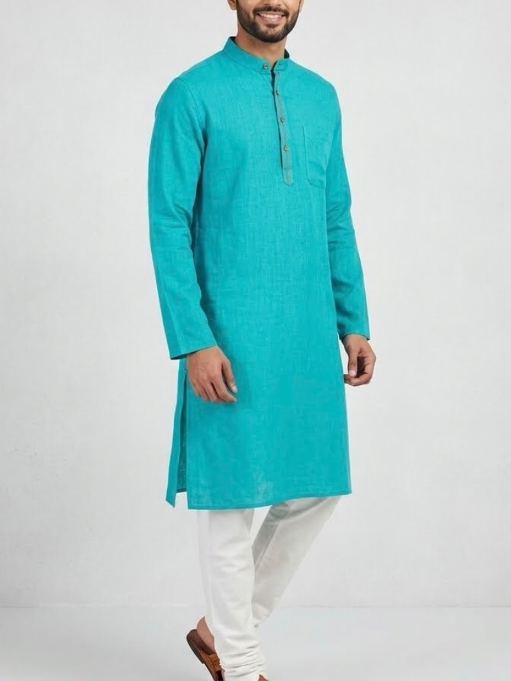 Fabindia Men's NWT Turquoise Cotton Kurta Tunic Long Sleeve Mandarin Collar Sz S